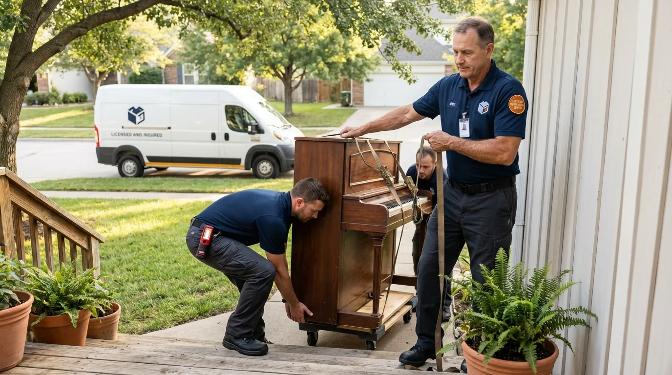 Licensed piano movers securing grand piano in Lumberton, TX