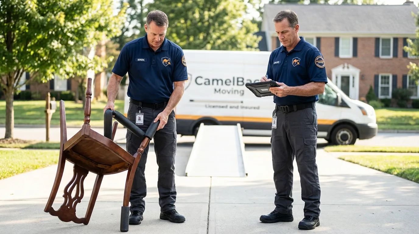 Movers inspecting furniture for damage prevention before loading in Lumberton, TX